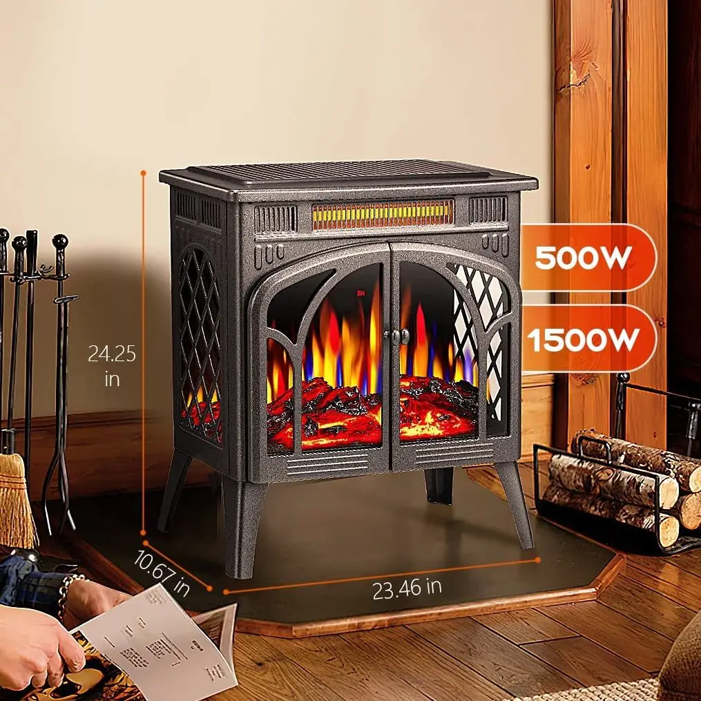 

AGLUCKY Electric Fireplace Stove Heater Remote Control 25" Fireplace Heater Adjustable Brightness Heating Mode, Overheating Safe