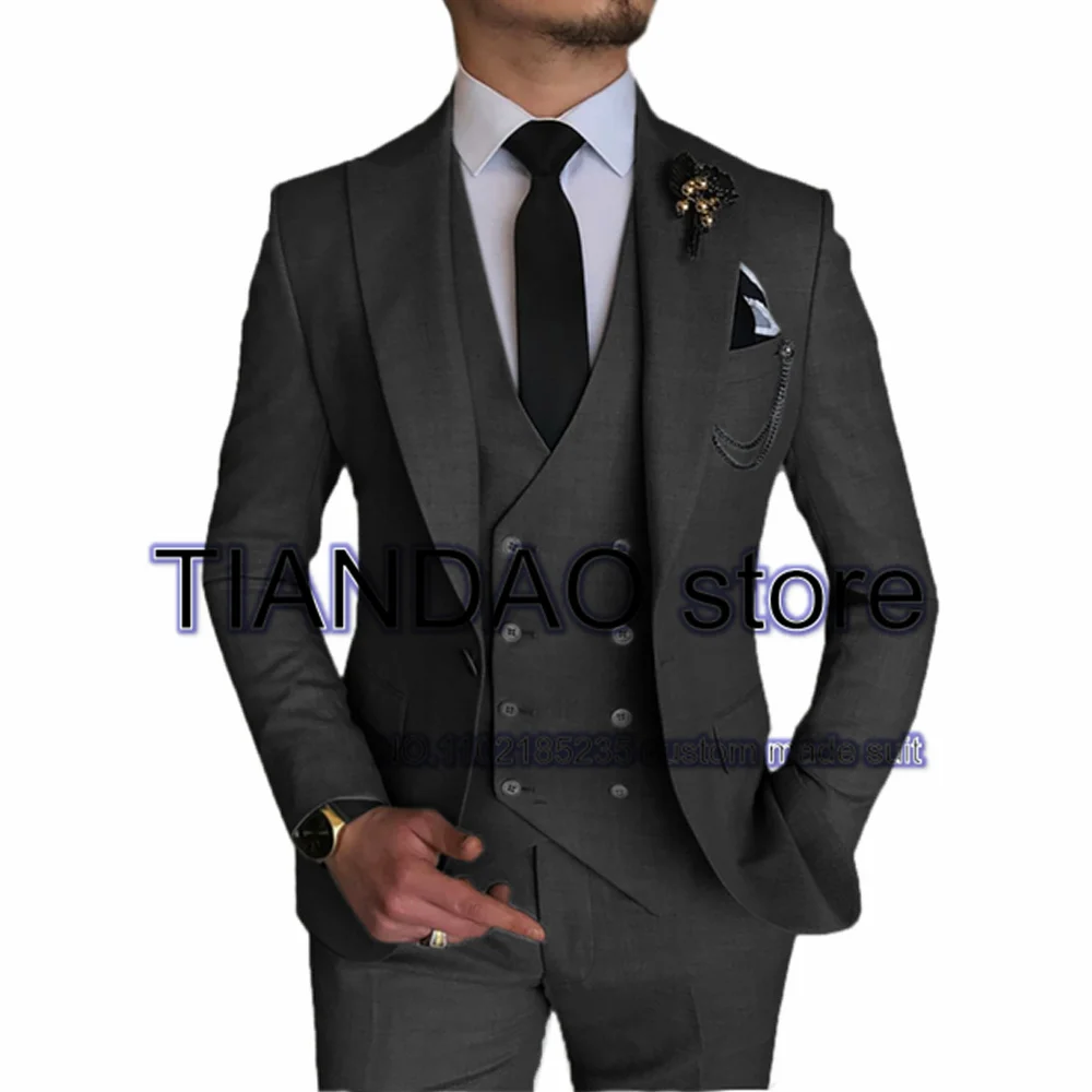 Dark Gray Men\'s Business Suit 3 Piece Blazer Pants Vest Formal Workwear Wedding Groom Tuxedo Slim Fit Jacket