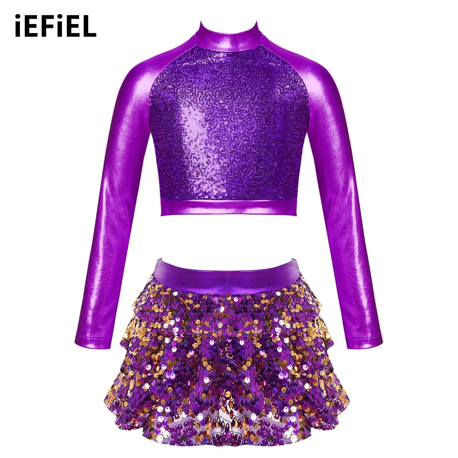 

Kids Girls Shiny Metallic Dance Set Mock Neck Long Sleeve Crop Top with Tiered Ruffle Skirted Culottes for Stage Performance