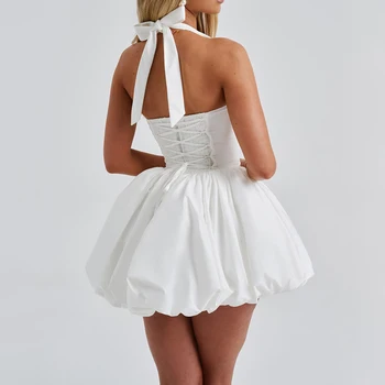 Women Summer Fashion Sexy Mini Tank Dress Sleeveless Halter Neck Solid Tie Up A-line High Waist Party Clubwear Bubble Dress 1