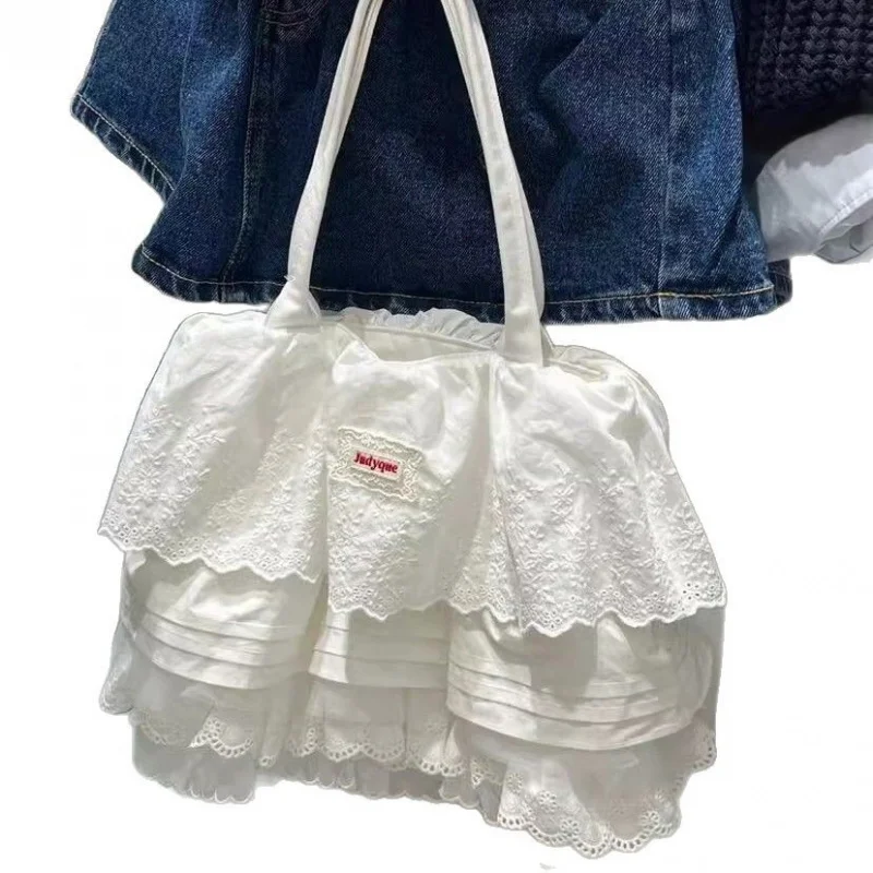 Charming Lace Trim Tote Bag for Women Spacious Layered Ruffle Shoulder Bag Fashionable Daily Commute Handbag
