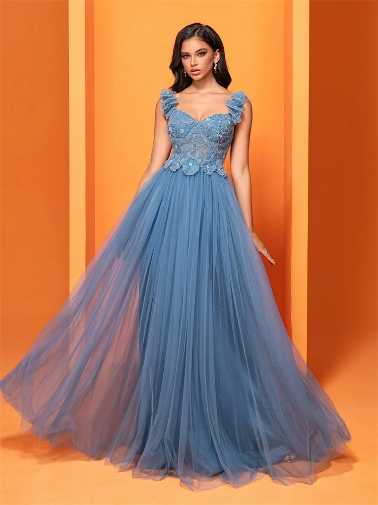 Vestidos largos con cuerpo de encaje y falda de tul Azul Polvoriento