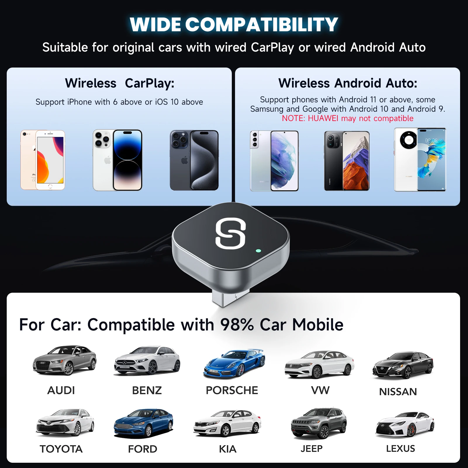2 in 1 Wireless CarPlay Adapter Plug & Plug Auto Converts Wired to Wireless Compatible for iPhone & Android Mini Metal Design