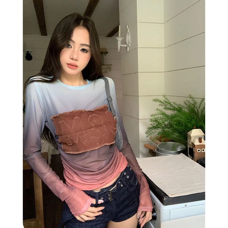

Women's Clothing Brown T-shirt Long Sleeved Letter Gradient Minimalist Vintage Casual Thin Fashion Y2K NEW Summer Female Tops