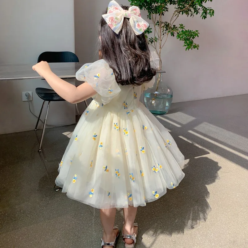 Summer Girls Flower Mesh Princess Dress Kids Cute Puff Short Sleeve Dresses For Girls Korean Clothing Children Dress For 1-6t
