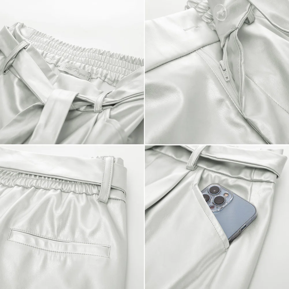 Belle Poque  Women Polyurethane Leather Shorts Elastic Waist Fold-up Leg Opening Shorts With Pockets
