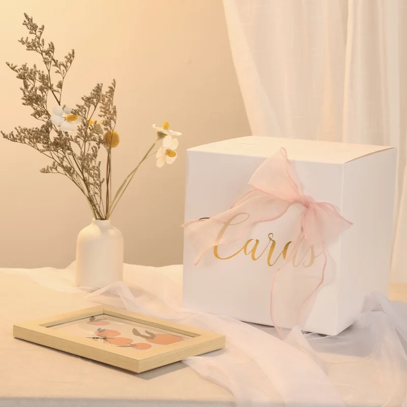 Beautiful white wedding card box gold hot stamping bow design engagement wedding birthdays graduation Wooden Gift Card Boxes Acrylic Card Box