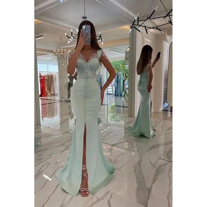 

Exquisite Sequins Beaded Mermaid Evening Dress Sage Satin Sexy V-Neck Front Split Buttons Party Gowns For Women