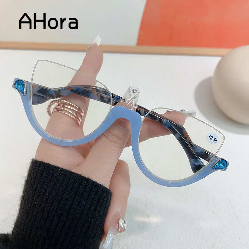 

Ahora Lady Half Frame Crystal Reading Glasses Fashion Cat Eyes Presbyopia Eyeglasses Europe&America Blocking Blue Light Eyewear