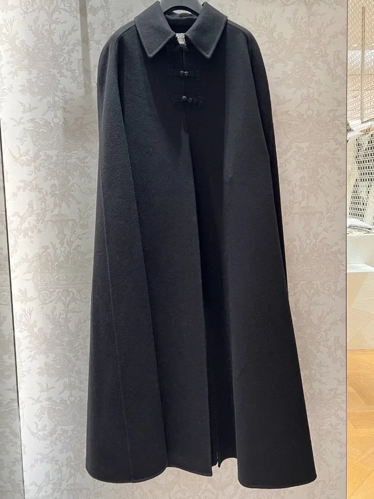 

High Quality Black Cotton Gabardine Double Faced Wool Cloak 2024 Spring