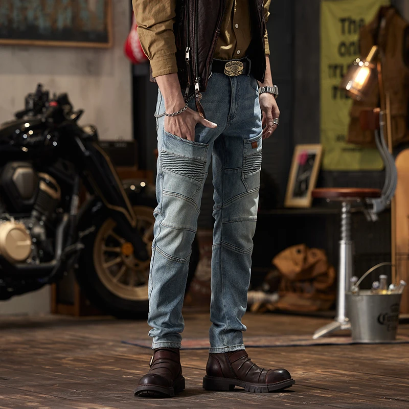 2024 New Retro Nostalgic Stitching Motorcycle Jeans Men\'s Slim Fit Skinny Elastic Trend Skinny Trousers
