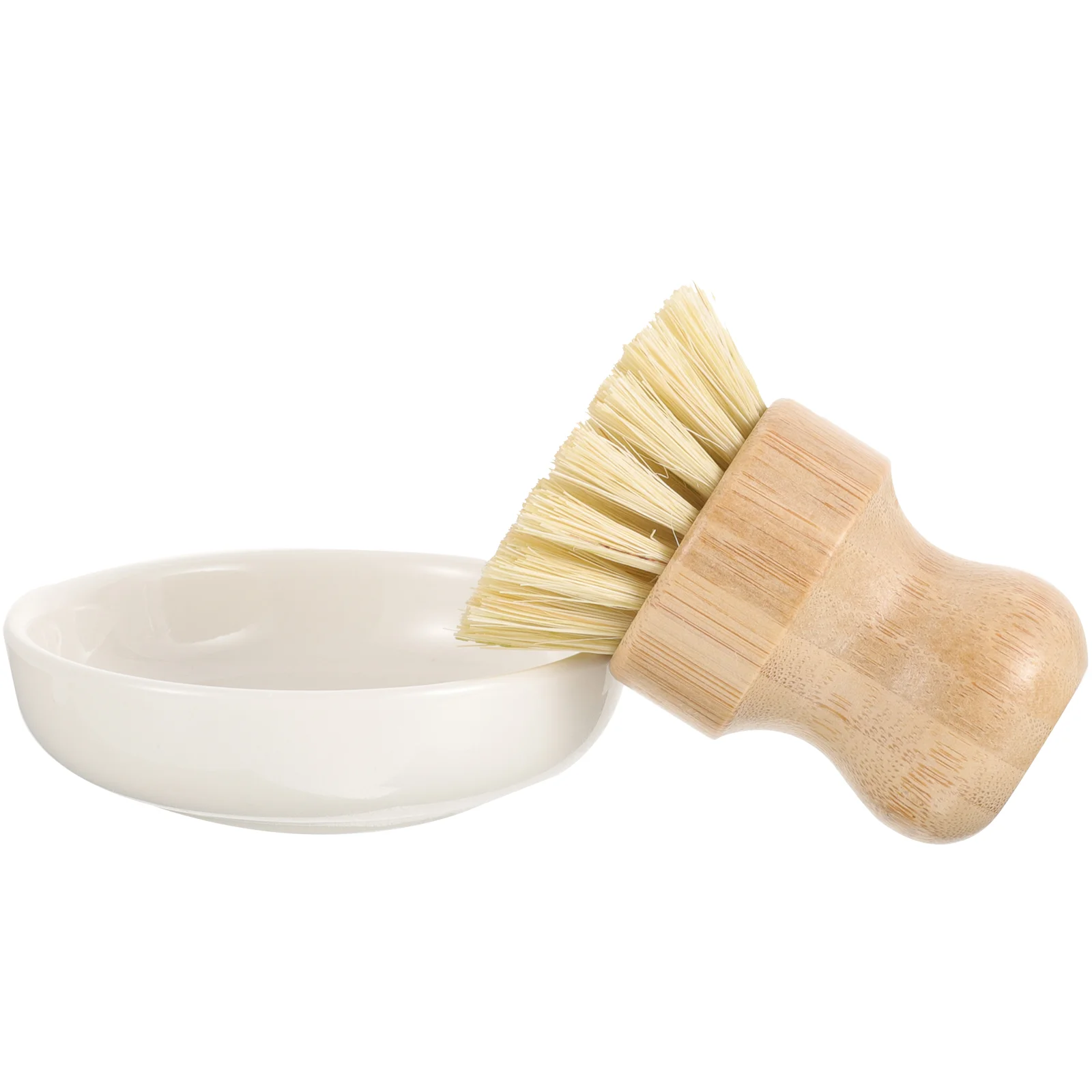 

Bamboo Dish Brush Ceramic Holder Bowl Cleaning Scrub Brush Pot Scrubber Brush Bubble Up Soap Dispenser Dish Pans