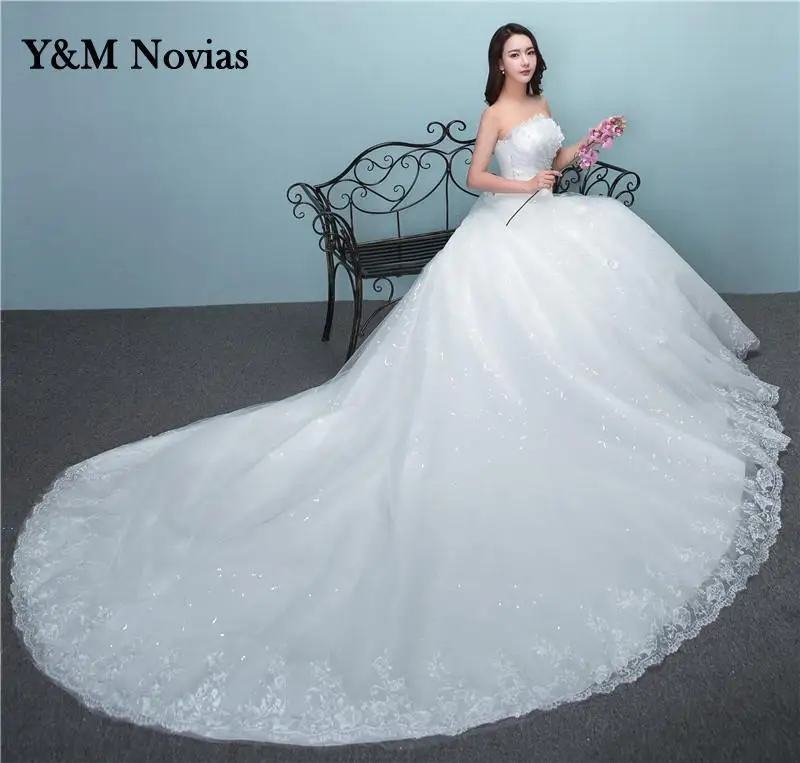 Beading Brush Train Lace Up Wedding Dress Sexy Strapless Applique Plus Size Bridal Gown Vestido De Noiva
