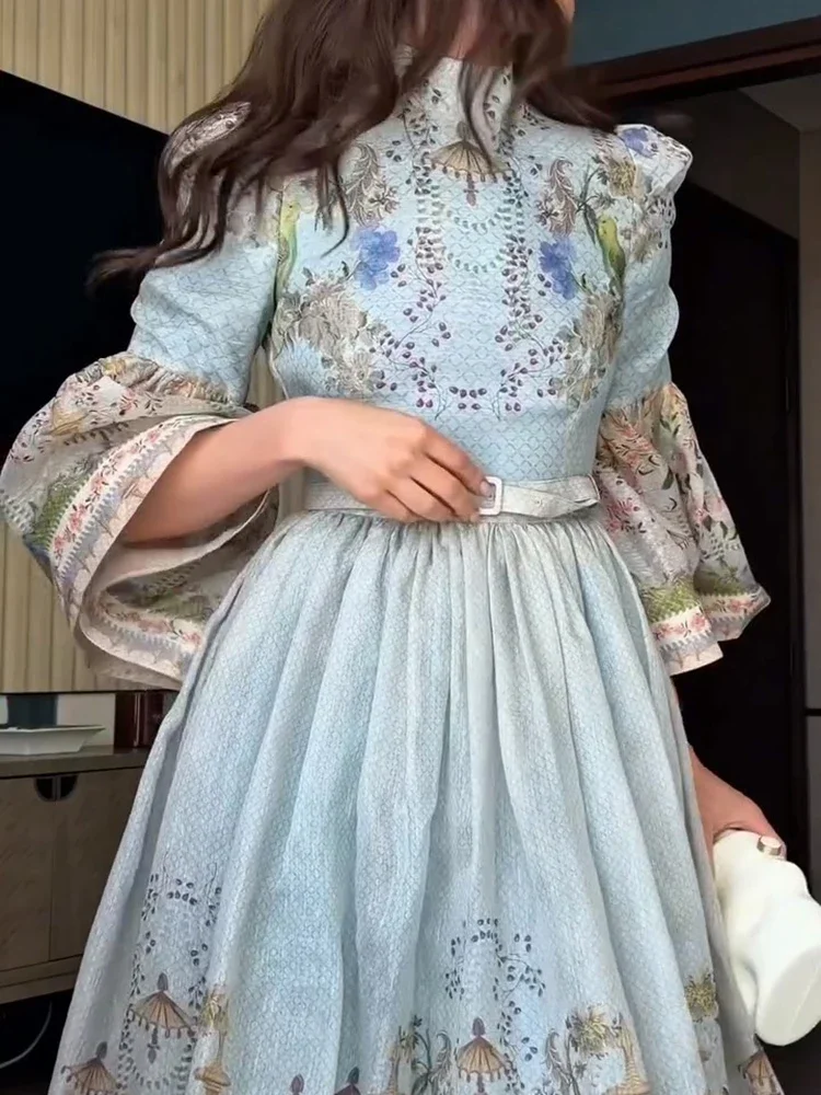 Floral Print Button-Down Maxi Dress With Mock Neck, Lantern Sleeves And Belt — photo 3
