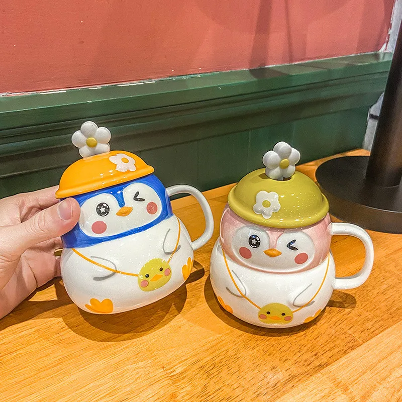 

480ml Personalized Coffee Mug For Women Girls Cute Penguin Ceramic Mug With Spoon And Lid Lovers Birthday Thanksgiving Day Gifts