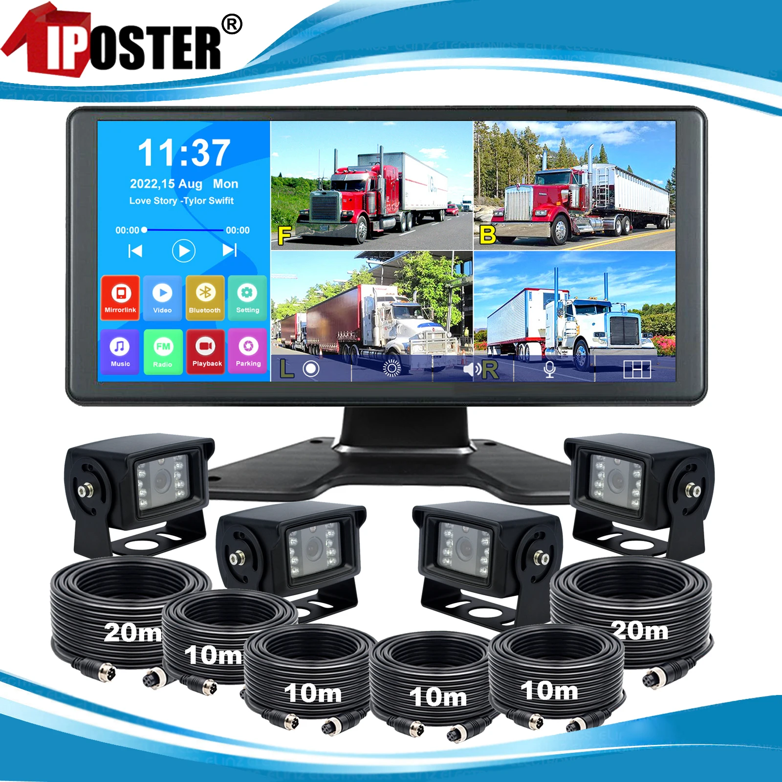 

iPoster 10.36" Touch Screen Quad Monitor DVR Video Recorder 4x 1080P 4PIN Rear View Reversing Camera For Truck Caravan Trailer