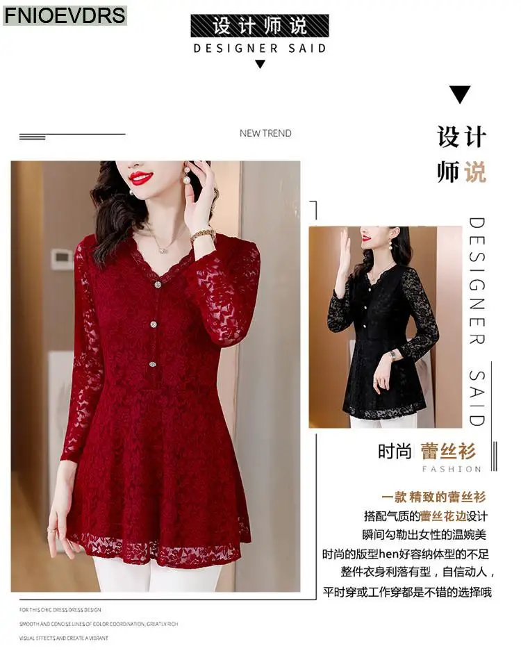 M-4XL 2023 Women Hot Sales Elegant Office Lady Work Button Black Lace Shirt Casual Belly A Line Tunic Peplum Tops And Blouses