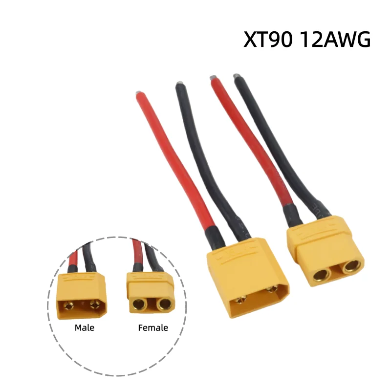 Vue rapprochée des connecteurs XT90 mâle et femelle 12AWG, isolant rouge et noir.