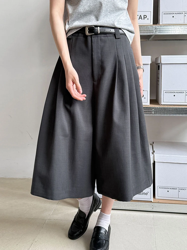 [EAM] High Waist Gray Brief Pleated Wide Leg Calf-Length Pants New Trousers Women Fashion Tide Spring Autumn 2026 1DJ0997