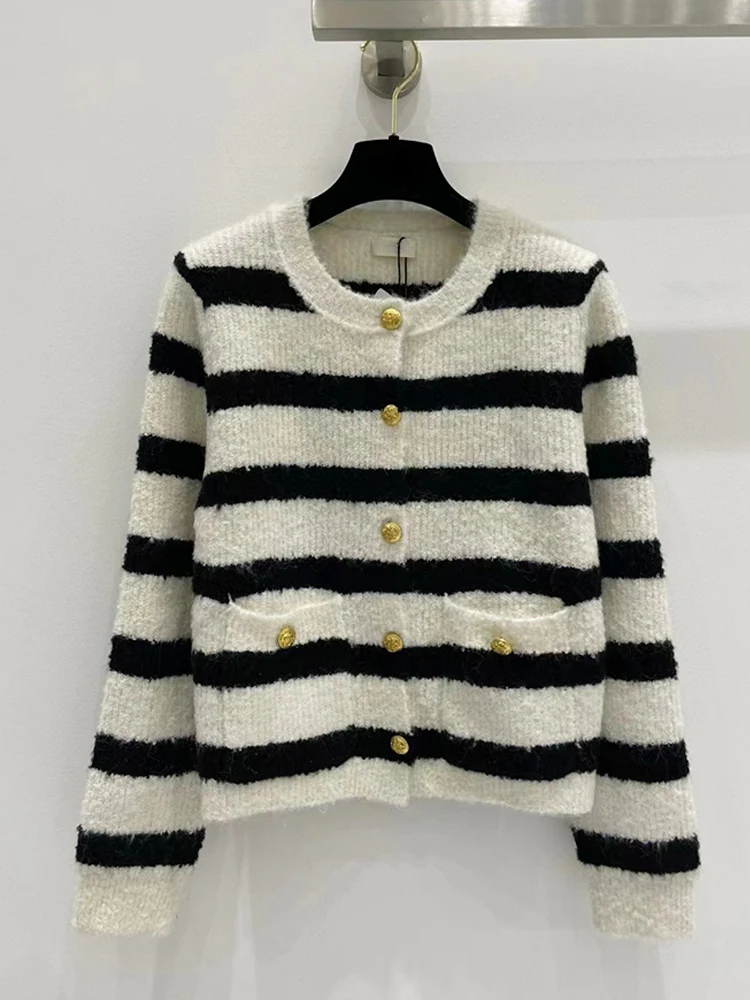 

Design retro horizontal stripes wool round neck cardigan women's new autumn and winter fashion all-match knitted sweater coat