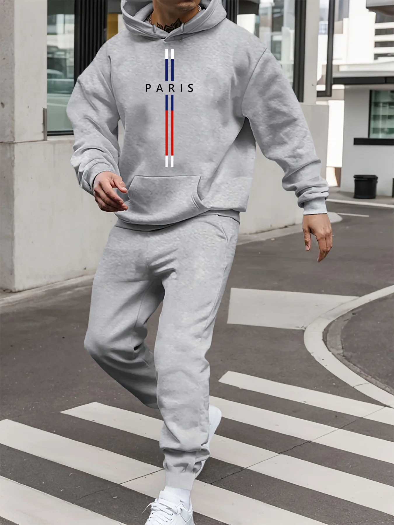 Men's Autumn/Winter Casual Fashion Warm Paris Pattern Printed Loose Thick Velvet Sports Hoodie+Sweatpants Set