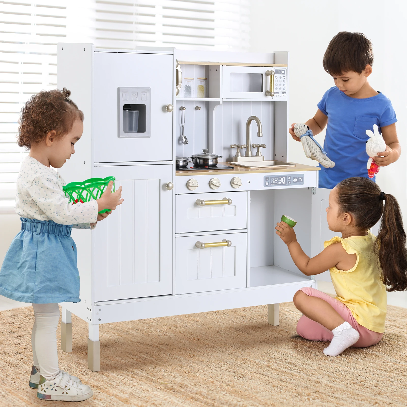 Play Kitchen for Kids, Preschool Kitchen Sets, Cooking Playset w/Realistic Light & Sound, Telephone, Stove, Fridge, Microwave 5