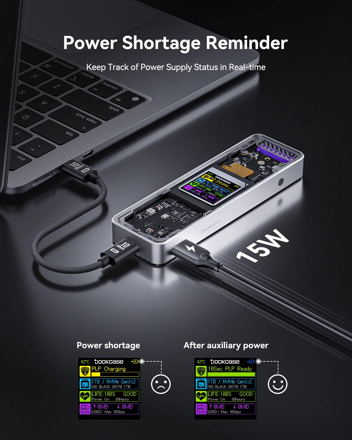 DOCKCASE Explorer M.2 NVMe SSD Enclosure, 10s PLP, USB 3.2 Gen 2 (10Gbps), fits NVMe PCIe 2230-2280, M-Key & B+M Key, UASP.