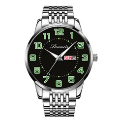 Men's Large Dial Gold Black Waterproof Digital Watch with Solid Steel Strap and Dual Calendar (Silver black)