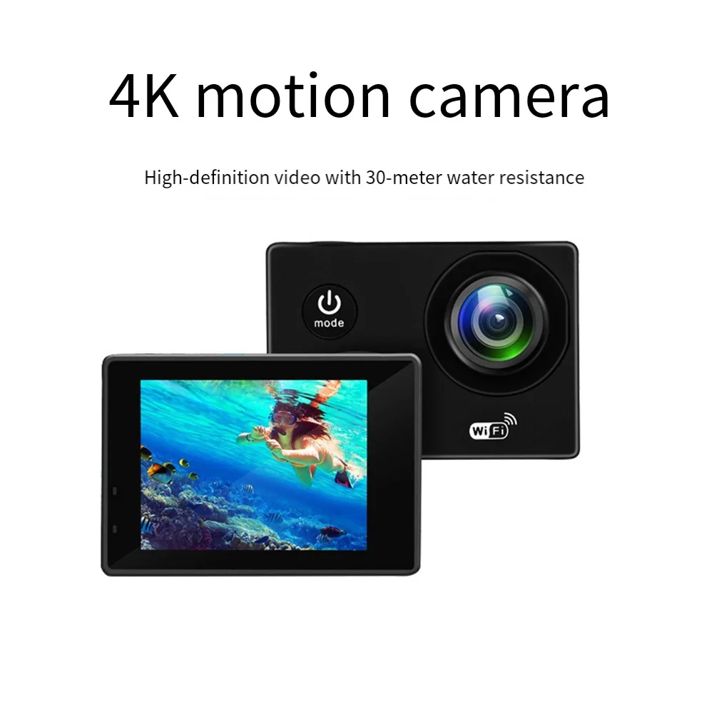 Caméra d'action étanche 1080p avec WiFi et télécommande, posée sur une table avec son écran de 2 pouces allumé.