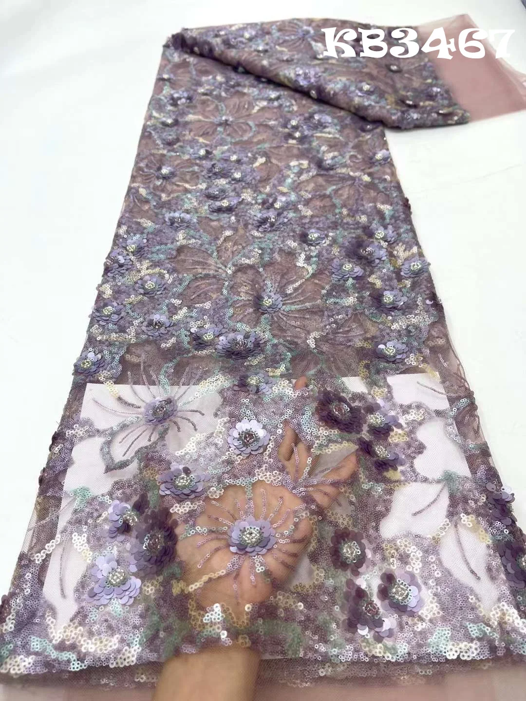

Luxury Fabrics Lace Beaded Nigerian Lace Fabric 2023 High Quality Lace Sequin Beads Lace For Women Wedding Evening Dress KB3467