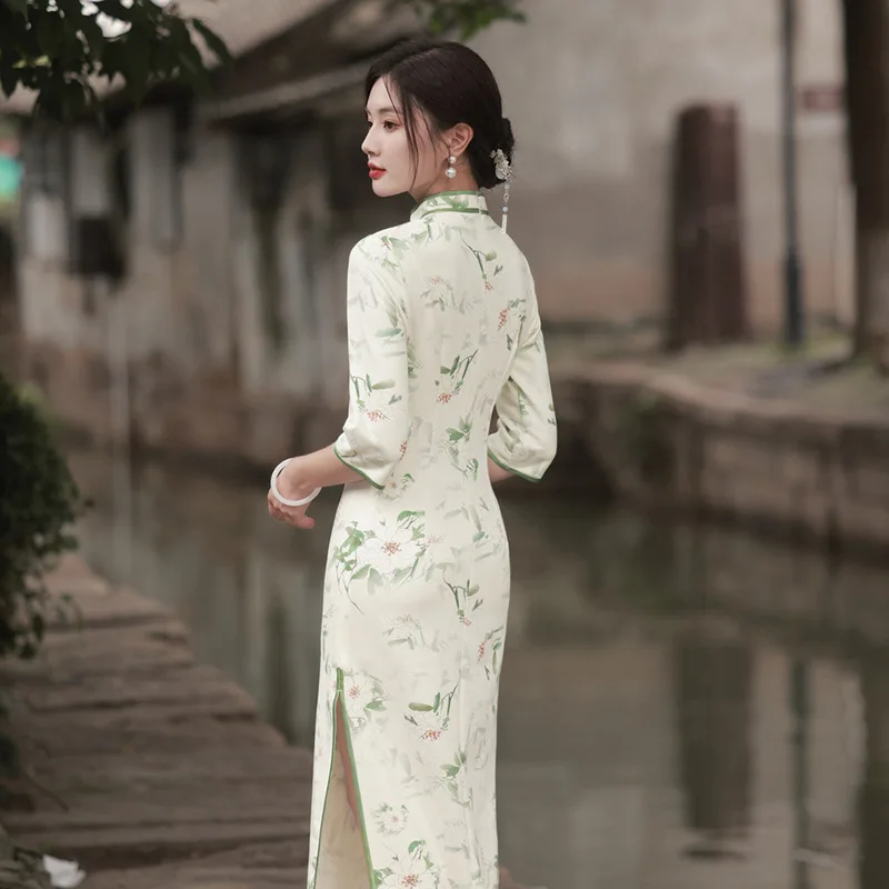 

Yourqipao Autumn 2023 High-end Three-quarter-sleeved Cheongsam Retro Fashion Qipao Chinese Style Evening Dress for Women Party