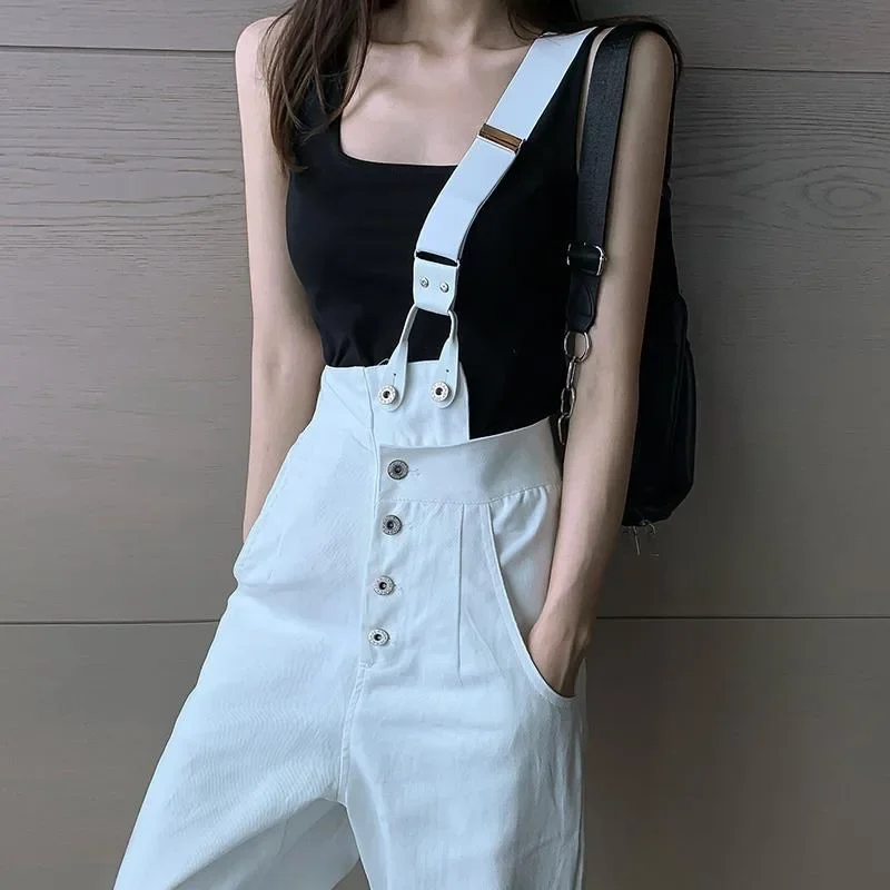 2021 Fashion Femme Streetwear Casual Jeans Women High Waist Button Handsome White Overalls Female Korean Straight Denim Trouser
