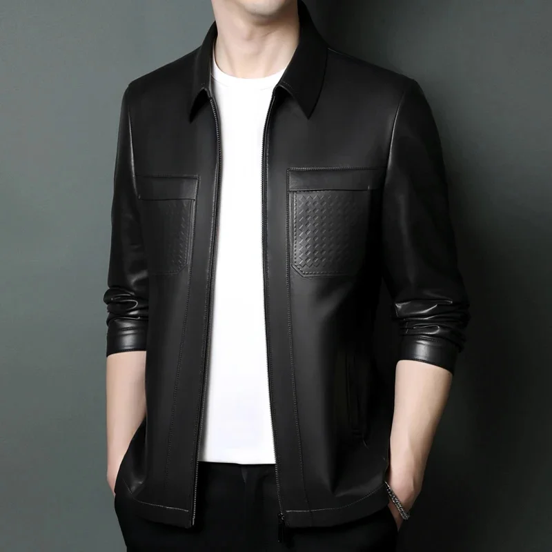 thumbnail image 1 of Chaqueta informal de negocios de alta gama de piel de oveja con solapa de lujo ligera con decoración tejida para hombre de invierno y otoño, 1 of 4