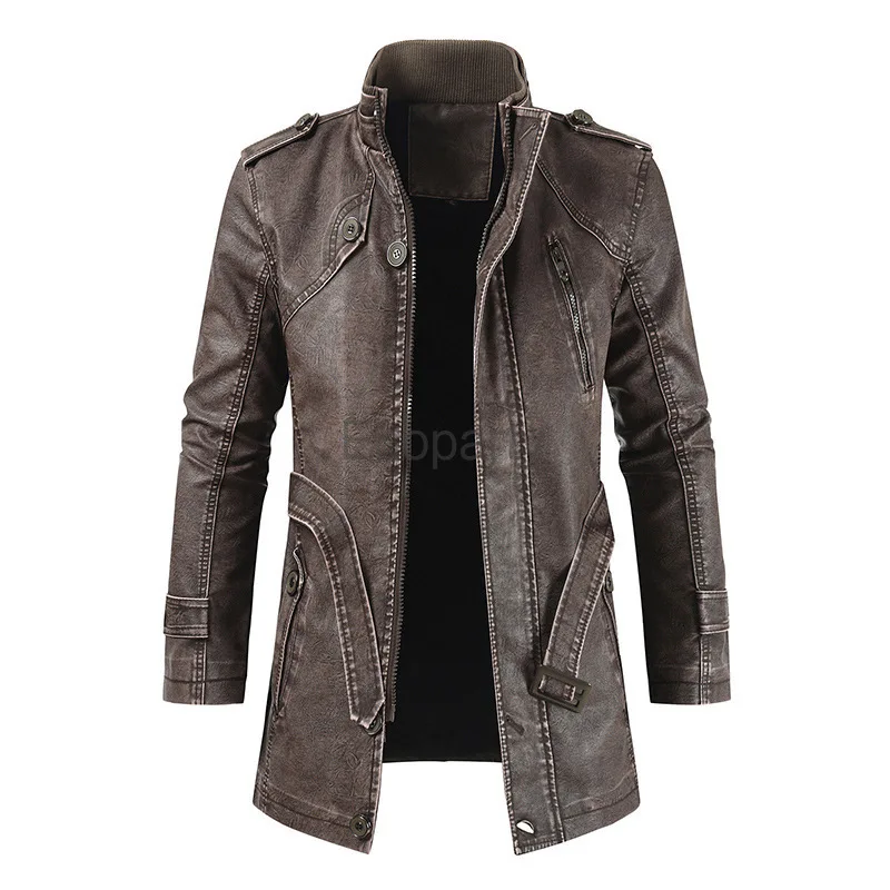 

2024 Men's Pu Leather Jackets Black Stand Collar Windbreaker Autumn Winter Long Sleeved Motorcycle Jacket Casual Outerwear Male