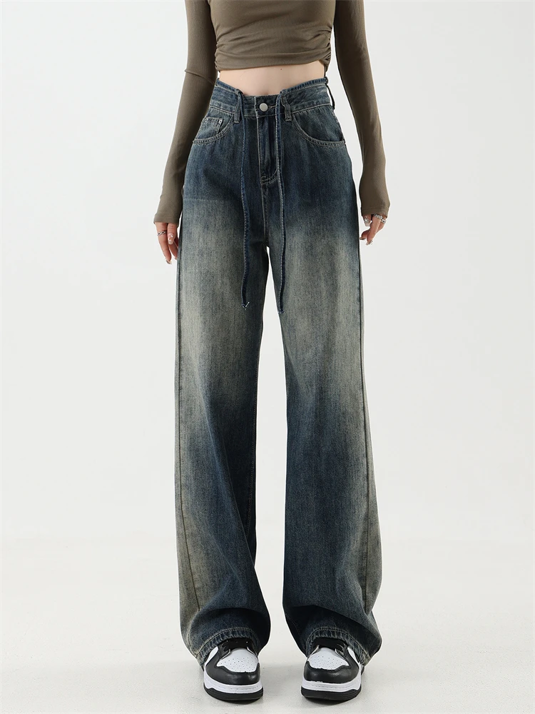 

Women's Chic Design High Waist Straight Jeans American Street Style Casual Loose Pant Female Wide Leg Blue Denim Trousers