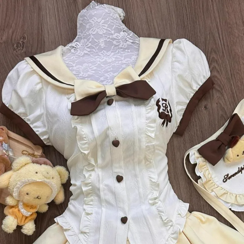 Japanese Sweet Lolita Style Skirt Set Women Kawaii Sailor Collar Bow Shirt Top Cute Pleated Skirt Y2k with Apron Mini Skirt Suit 5