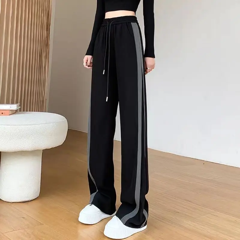

Women's Spring Autumn New Fashion Elegant Solid Color Spliced Striped Pockets Wide Leg Casual High Waist Plush Elastic Pants