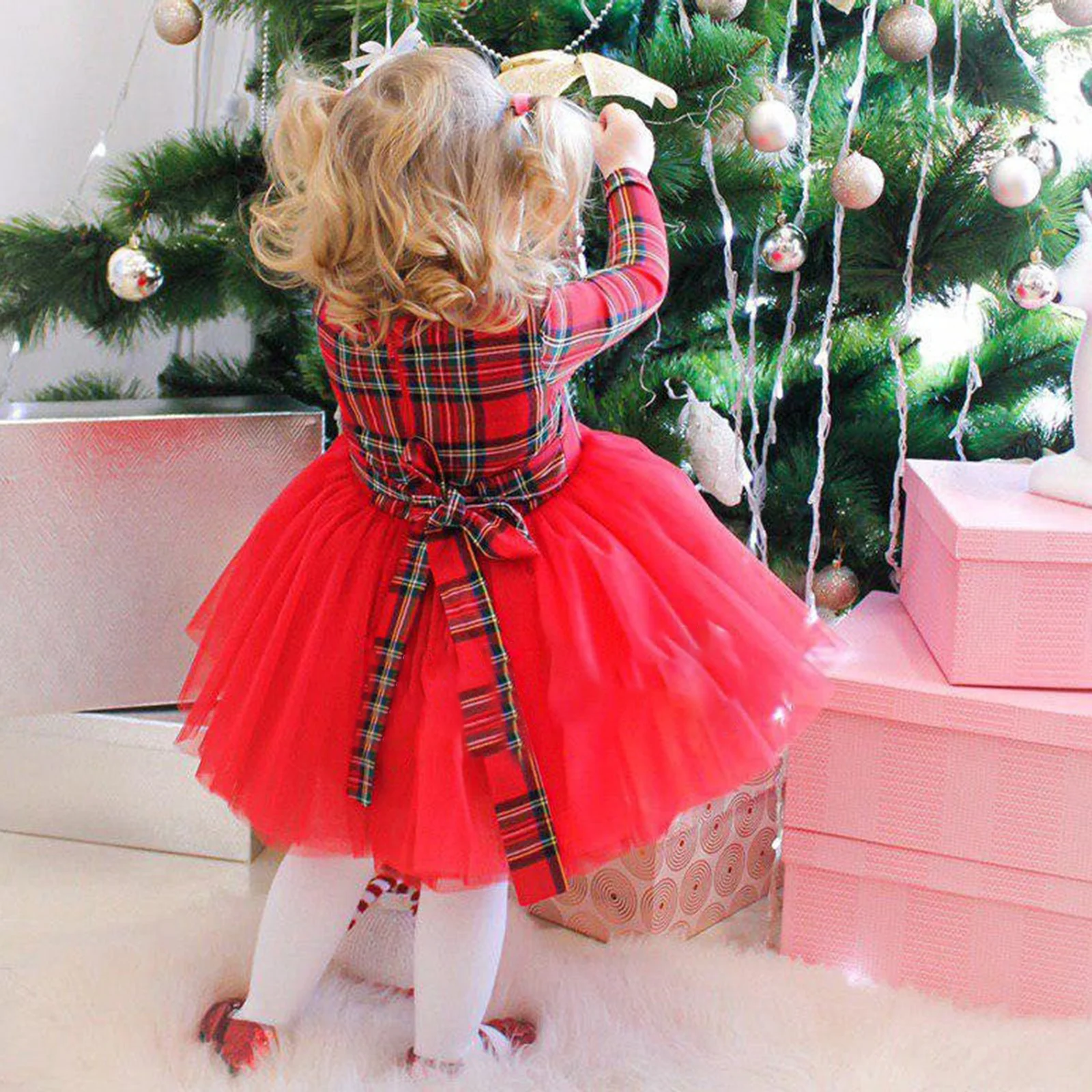 Robe de No l Carreaux pour B b Fille de 6 Mois 5 Ans V tements Volants Manches sulf Tutu en Tulle