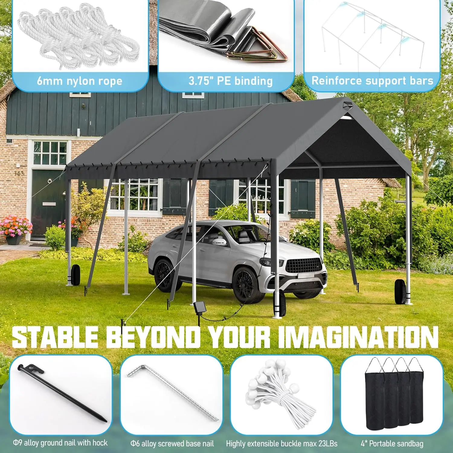 Carport Canopy 10x20 Heavy Duty, Carport Canopy Adjustable Height, Portable Car Port Garage, Car Shelter All Weather, Grey
