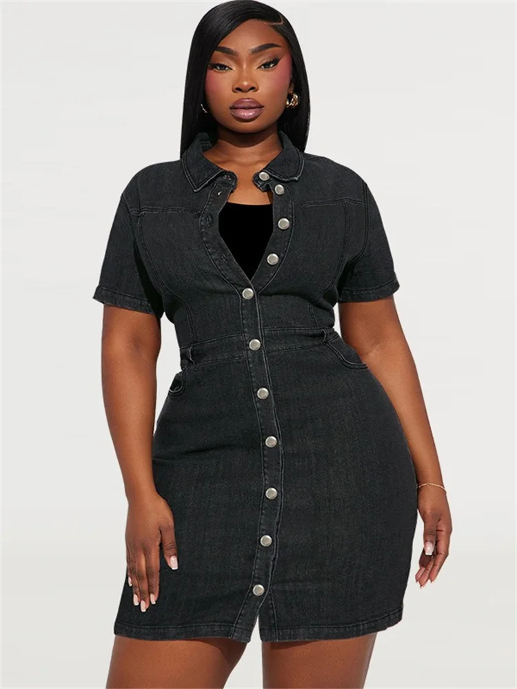 Wmstar Plus Size Denim Dresses for Women Summer Fashion Casual Bodycon Button Stretch Midi Dress Wholesale Dropshipping 2024