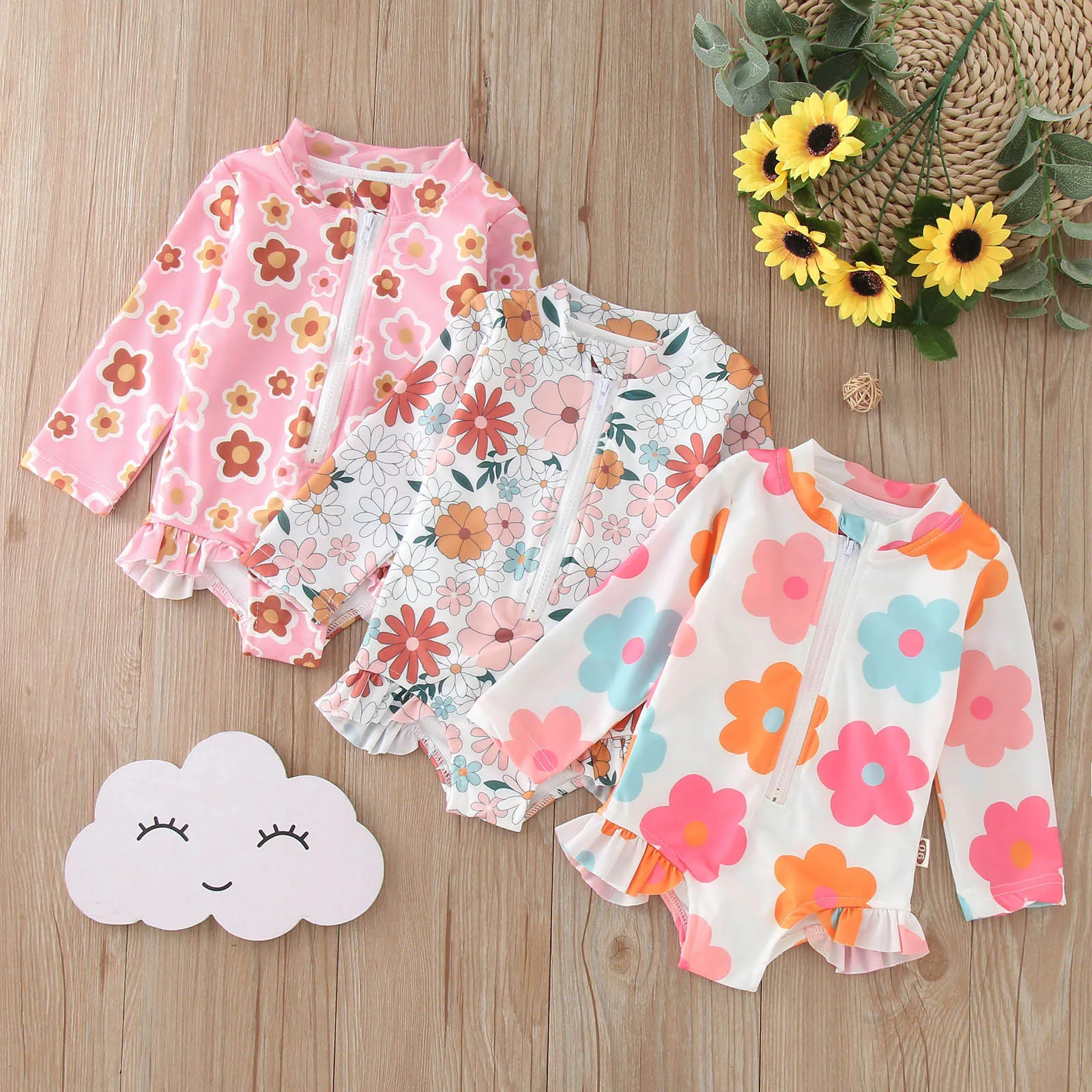 1 Piece Summer Toddler Girls Long Sleeve Floral Prints Swimwear Beach Onesie Swimsuit Bikini Girl Swim Suit Size 5