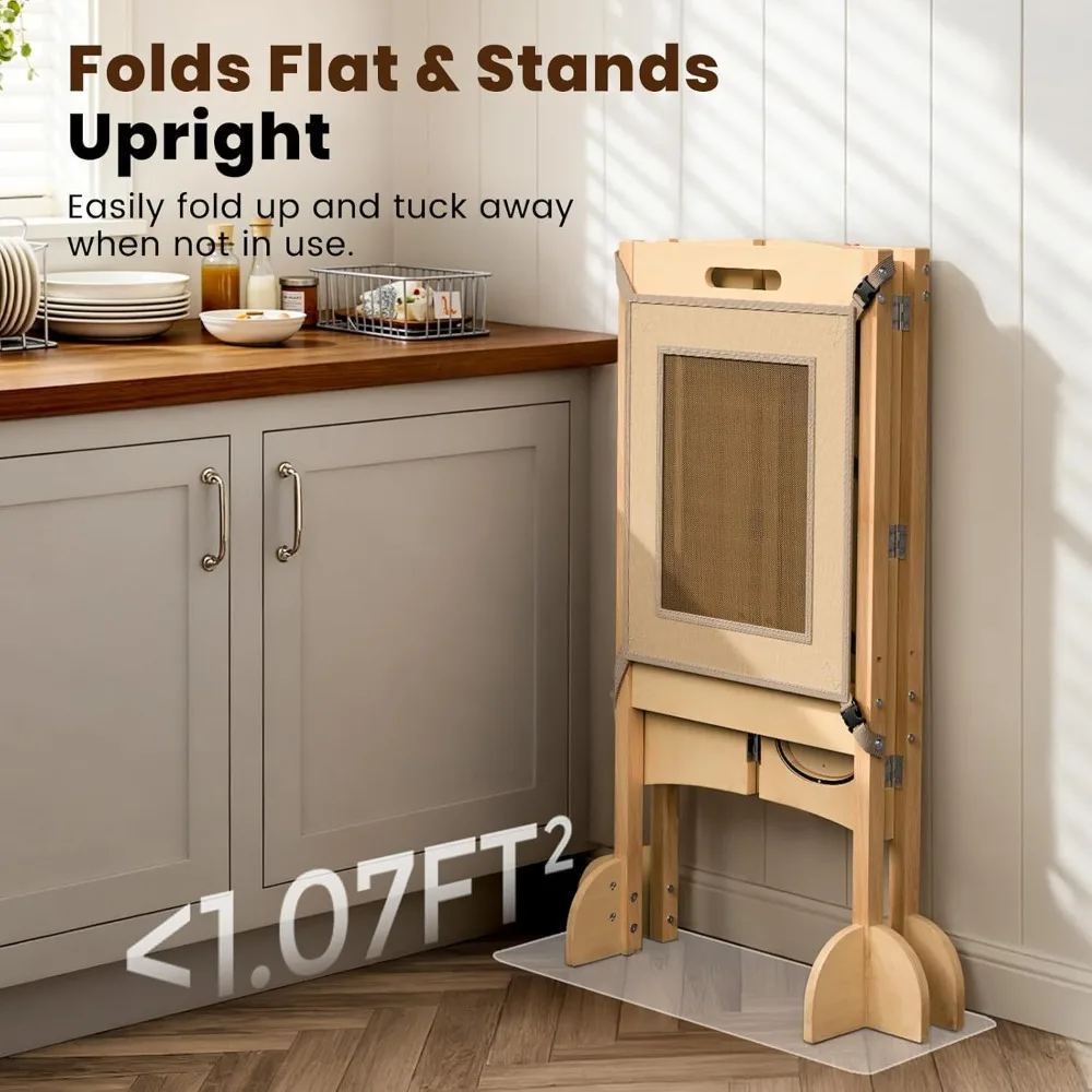 Foldable Toddler Kitchen Tower with Safety Net, Adjustable Height, Montessori Activities & 2-Step Stool