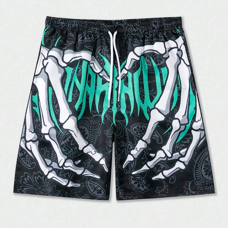 

Summer Classic Skull Beach Short Pants New Fashion Skeleton Hand Print Men Women Cool Gym Shorts Quick Drying Trunks Ice Shorts