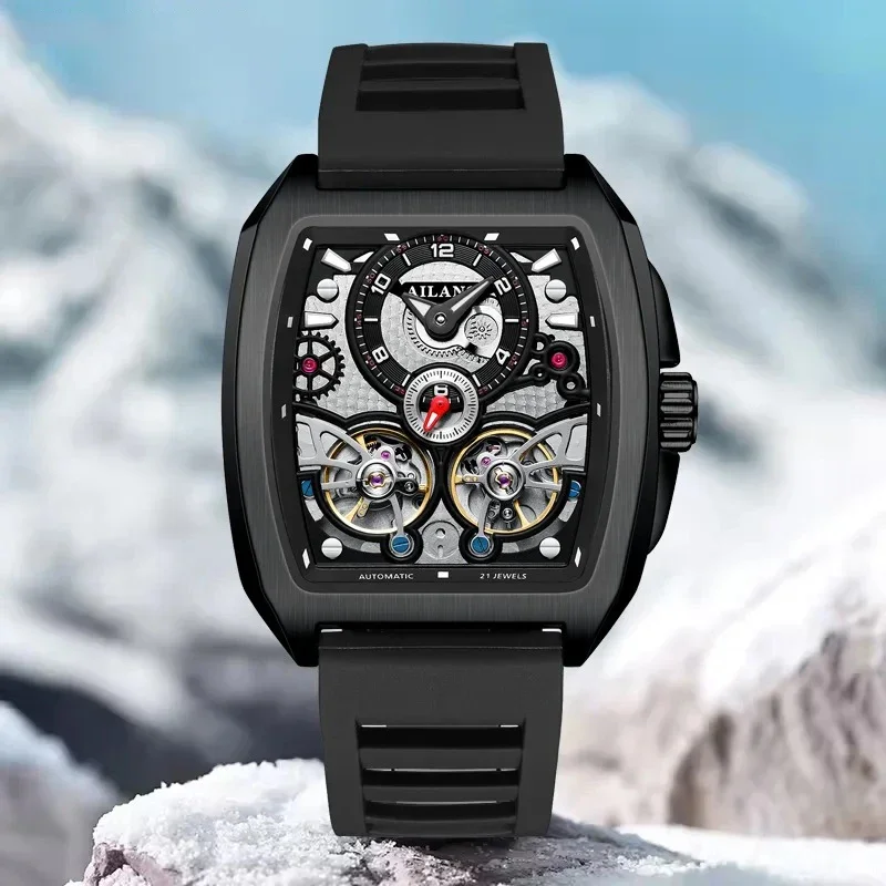 Ailang neue modische Sportuhr für Herren mit Silikonarmband, wasserdicht, leuchtend, hohl, mit doppeltem Tourbillon, automatische mechanische Uhr für Herren. – Detail 12