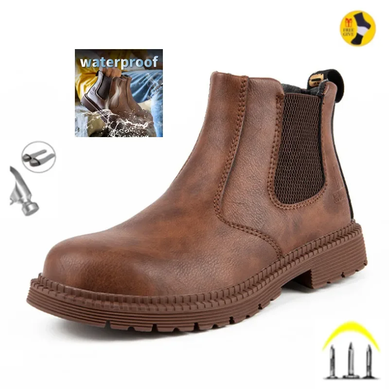 Waterproof Safety Work Shoes For Men Chelsea Steel Head Leather Boots Male Footwear Indestructible Construction Security Boots spring autumn men western boots chelsea boots man fashion high top shoes casual loafers male work safety shoes classics style
