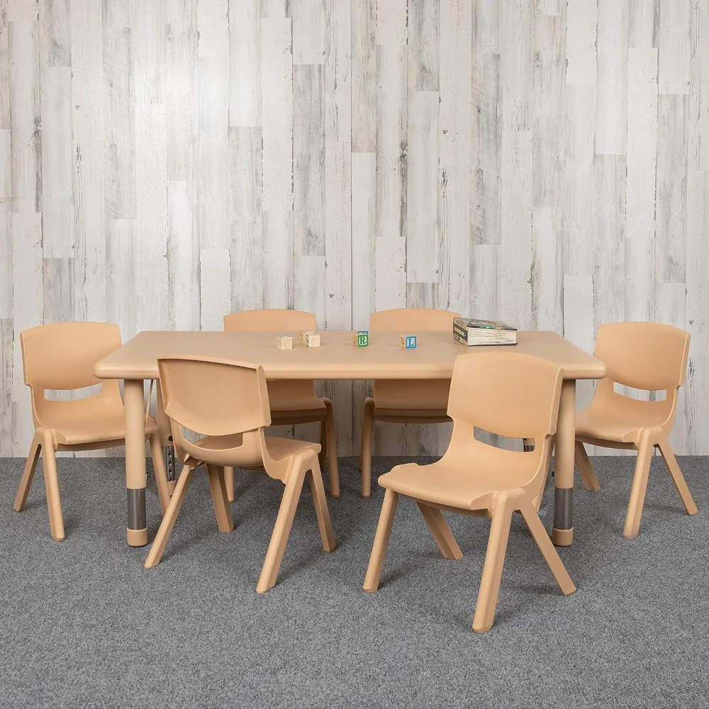 

Adjustable children's table with 6 chairs, rectangular plastic activity table for children, 24 "wide x 48" long, natural