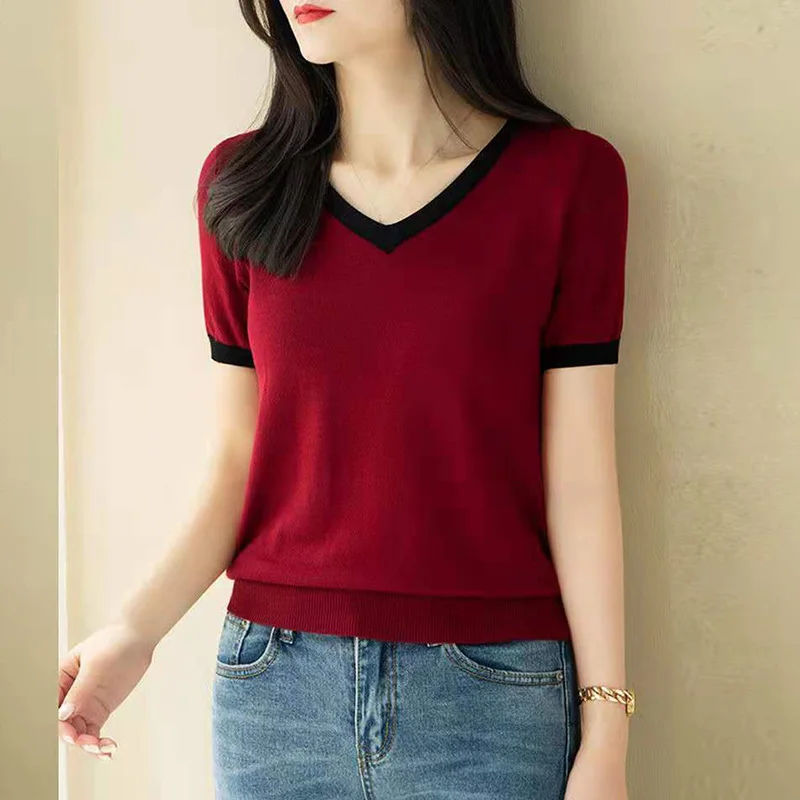 

Fashion V-Neck Solid Color Korean Blouse Women's Clothing 2023 Summer New All-match Casual Pullovers Short Sleeve Commute Shirt