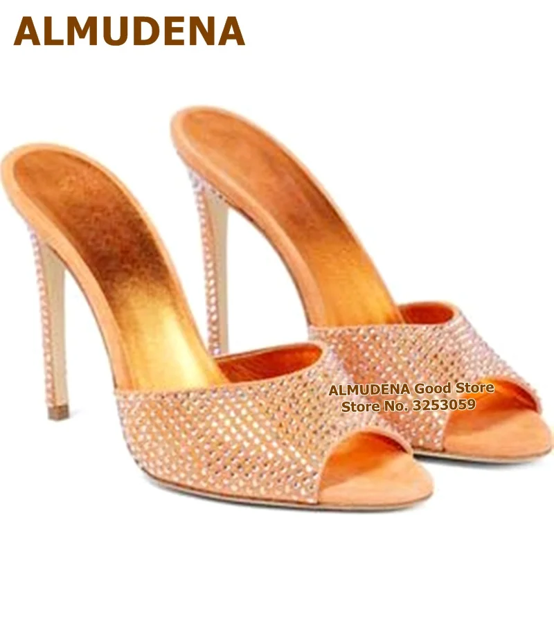 

ALMUDENA Gold Crystal High Heel Slippers Full Rhinestone Embellished Stiletto Heel Wedding Shoes Glitter Golden Diamond Pumps