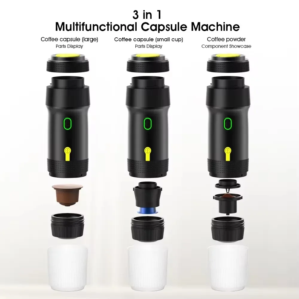 Electric Portable Coffee Machine Portable Italian Espresso Machine for Car & Home 3-in-1 Capsule Powder Travel Coffee Maker