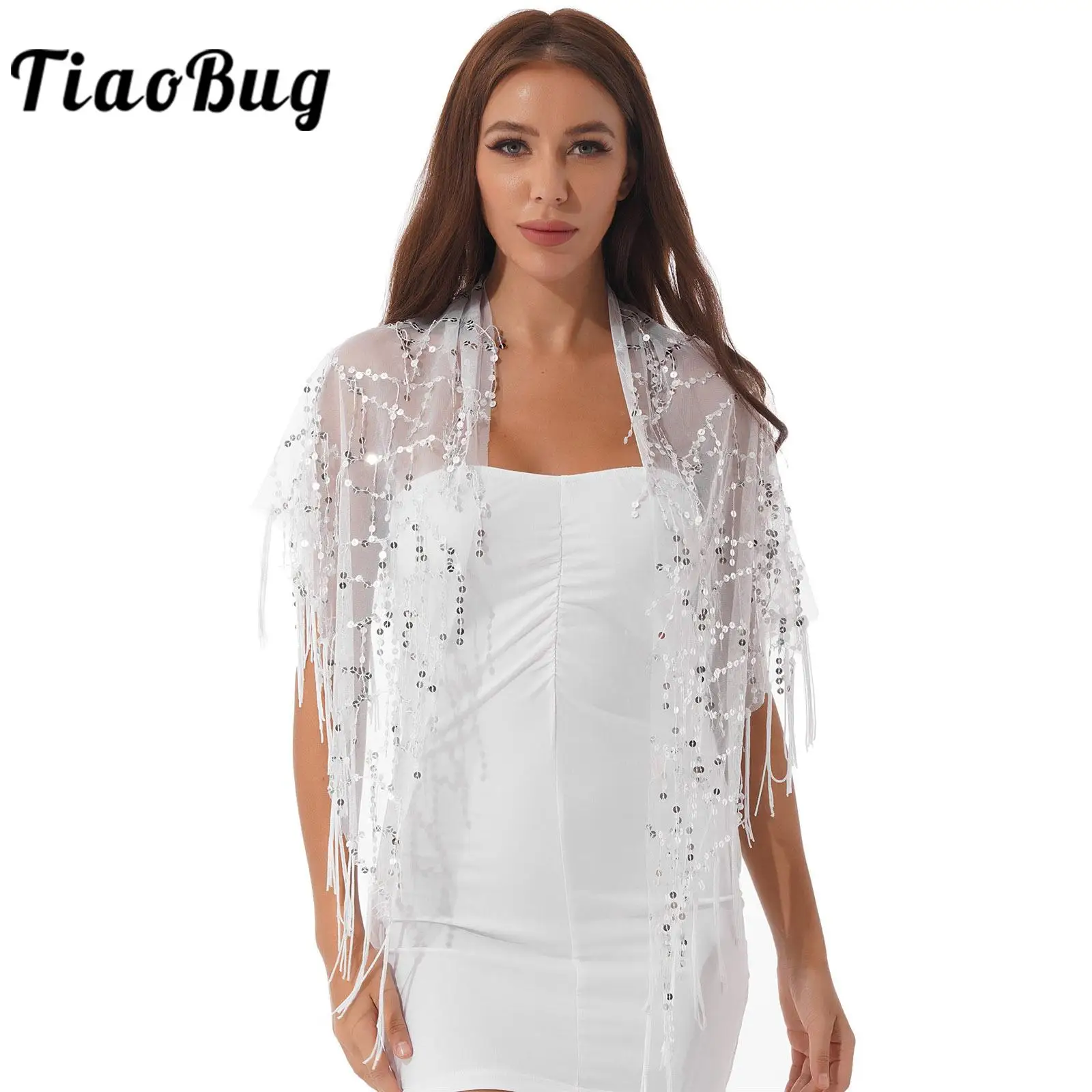 

Women Sequin Tassel See-through Mesh Shawl Bridal Bolero Wedding Evening Party Wraps Cover Ups Elegant Fringed Cardigan Outerwar